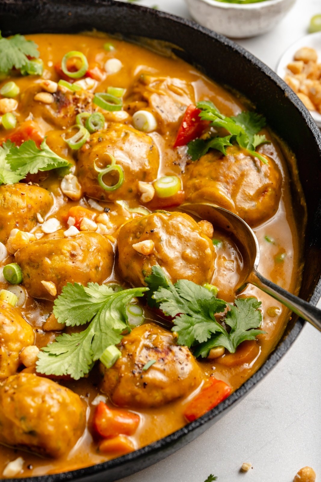 healthy chicken meatballs in pumpkin curry sauce