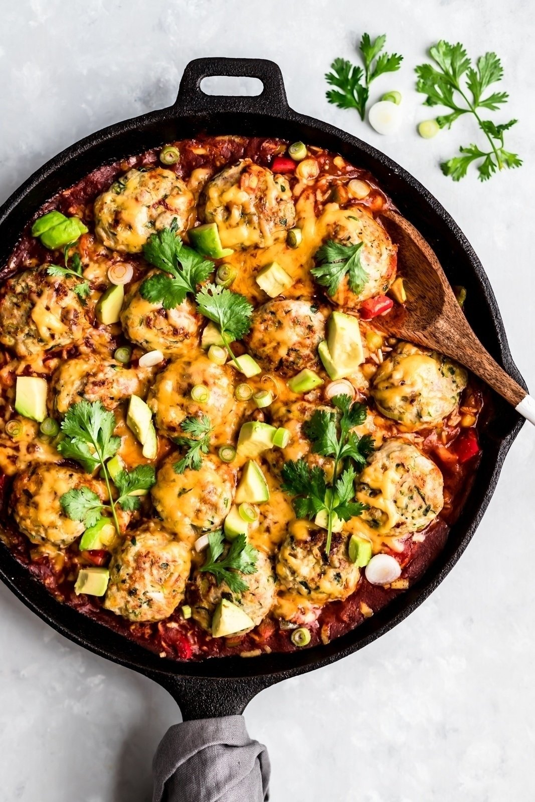enchilada zucchini turkey meatballs in a skillet