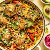 one pan fajita chicken and rice in a skillet