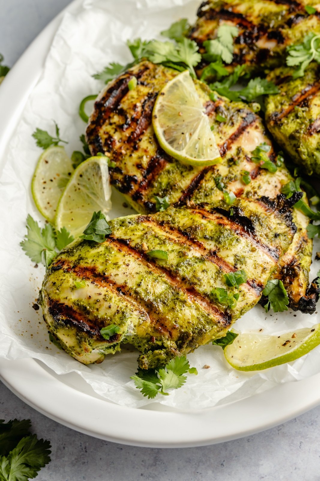 grilled jalapeño cilantro chicken on a platter