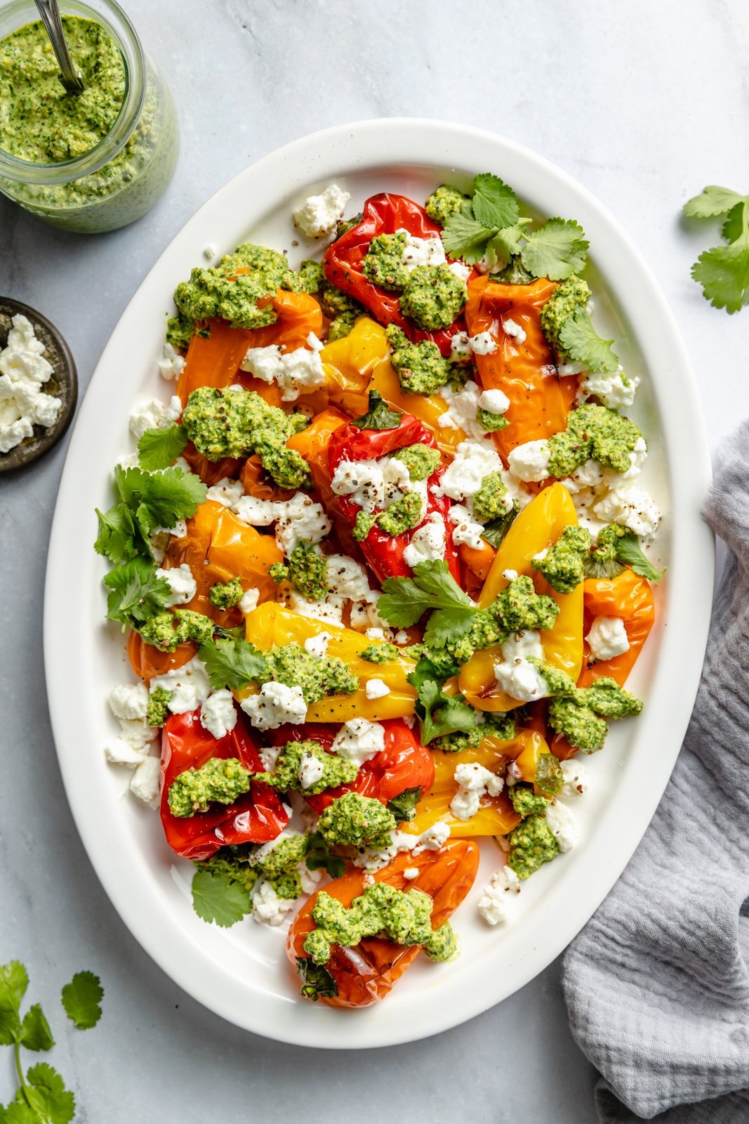 grilled mini peppers with goat cheese and pesto