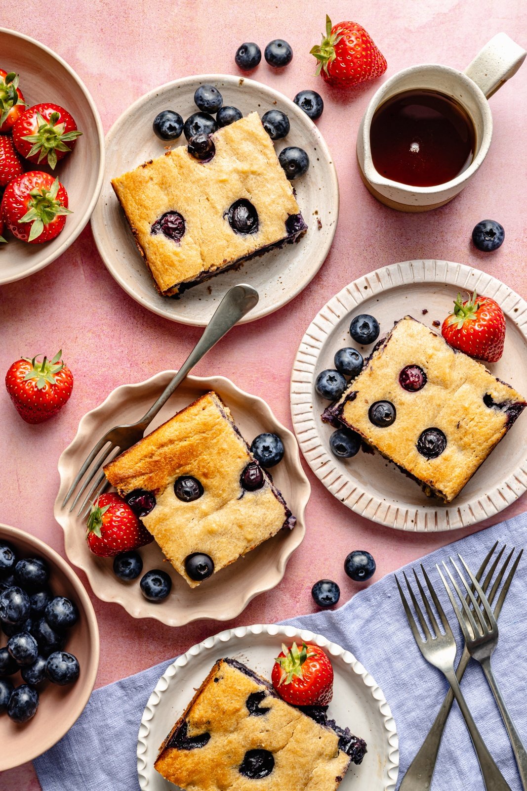 slices of a blueberry breakfast cake on plates