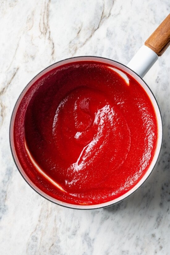 Overhead view of homemade ketchup in saucepan