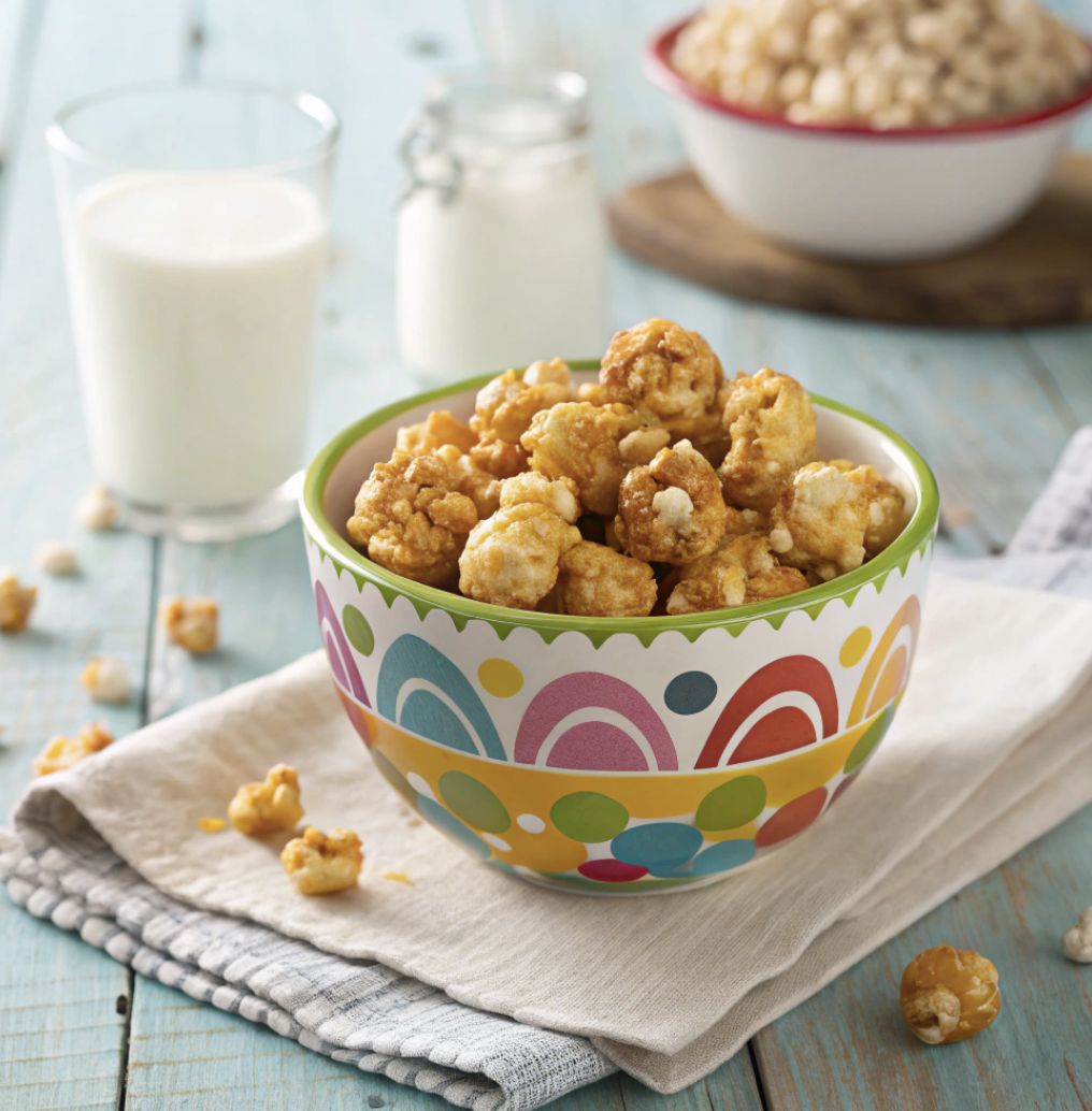 A colorful bowl filled homemade crispy caramel corn on a folded linen with a glass of milk.