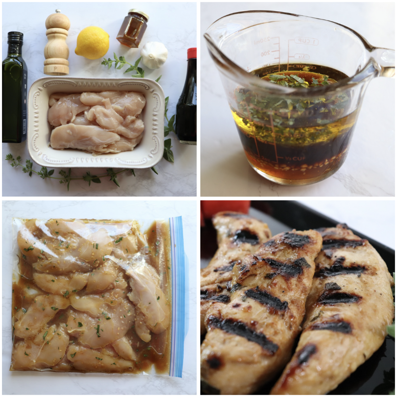 A group of images showing the different steps of making marinated grilled chicken.