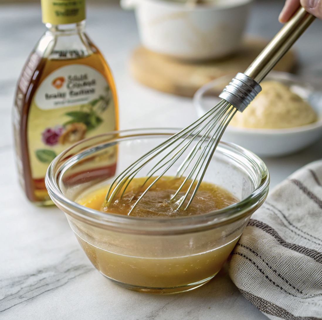 Maple glaze in a small glass bowl with a whisk and a striped linen dish towel. 