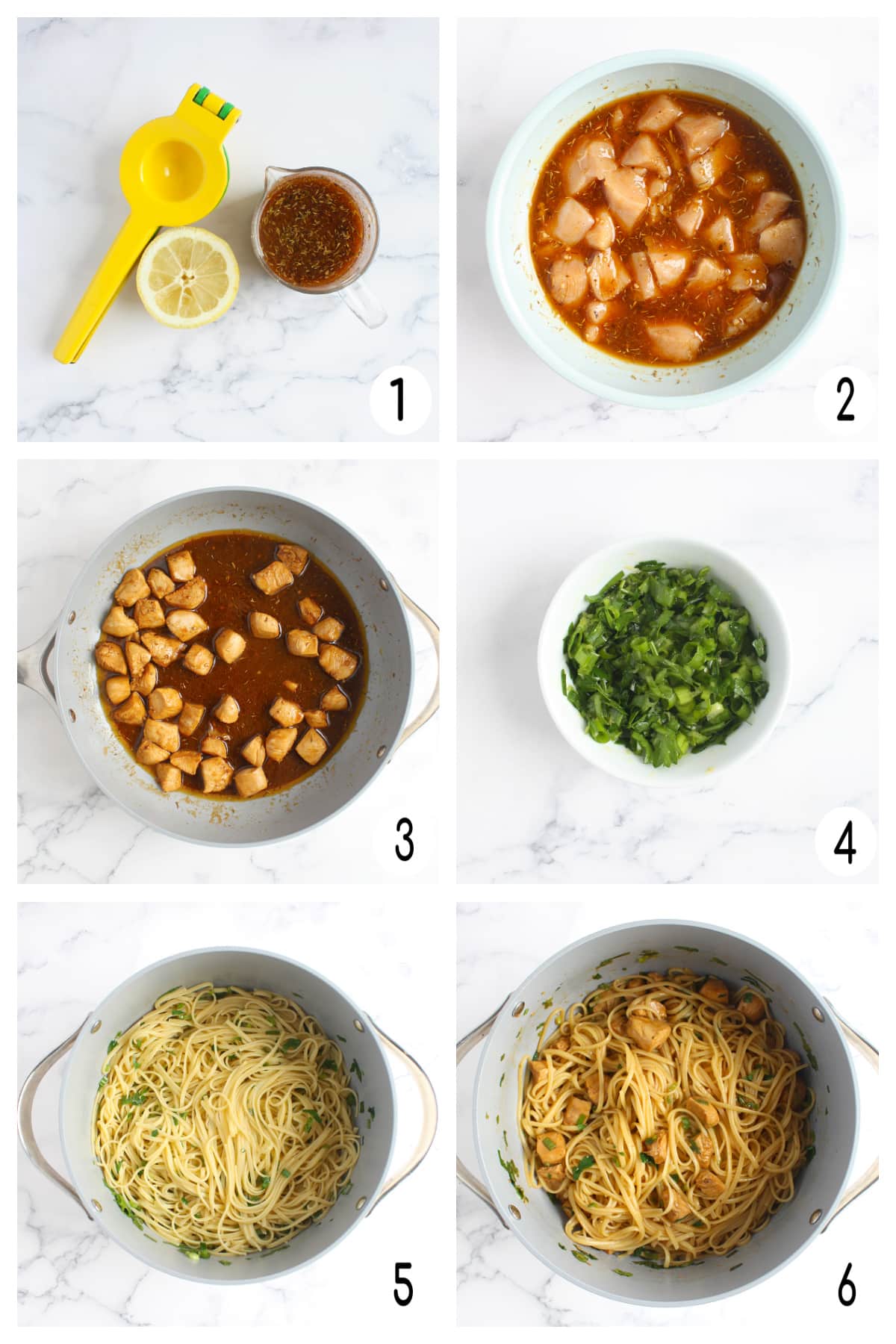 Process shots showing how to make lemon chicken pasta. 