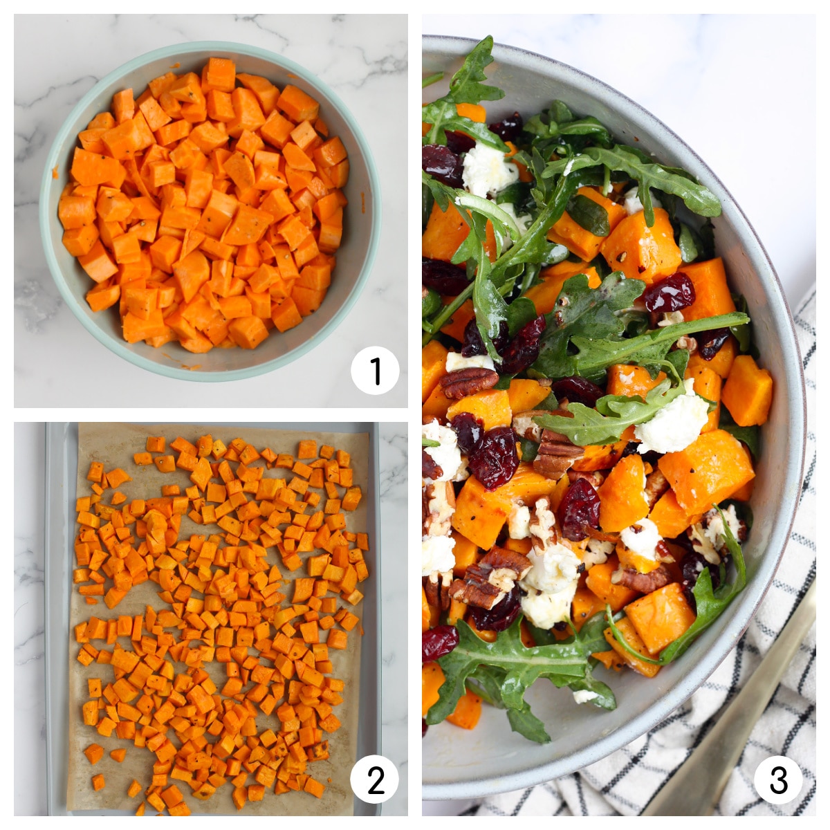 Process shots showing how to make roasted sweet potato salad with arugula with goat cheese.